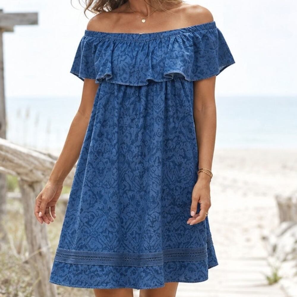 Soft Surroundings Dusty Blue Tencel Off Shoulder Ruffle Dress M Boho Resortwear